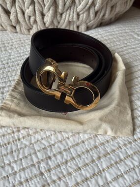 Salvatore Ferragamo Black Leather Belt with Gold Gancini Buckle